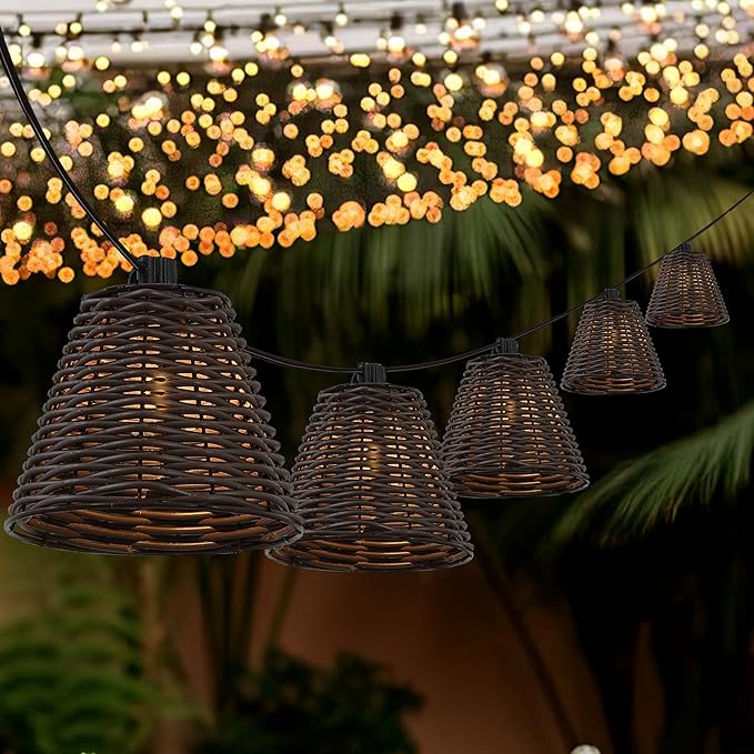 JONATHAN Y JYL8706C Payton 10-Light Indoor/Outdoor 10 ft. Classic Cottage LED G40 Faux-Rattan Shaded String Lights Coastal, Traditional, Farmhouse, Rustic, Patio, Porch, Backyard, Dark Brown