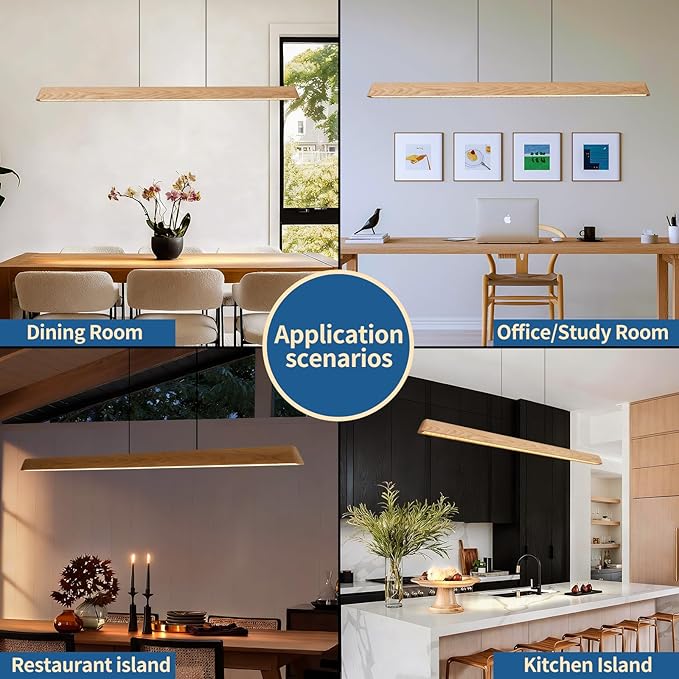 Wood Linear Pendant Light, Dimmable Kitchen Island Lighting with Remote, 35W LED Island Lights for Kitchen, Adjustable Linear Chandelier for Dinning Room Light Fixture (Natural Ash, 57inch)