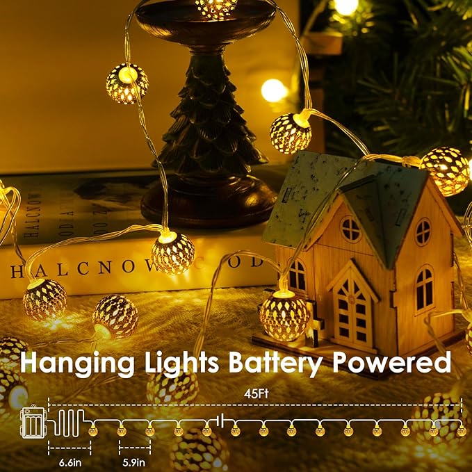 Moroccan String Lights Outdoor Battery Operated, 60 LED 36 FT Globe Fairy Lights with 8 Lighting Modes, String Lights with Timer for Bedroom Party Wedding Garden Classroom Indoor Decor(Warm White)