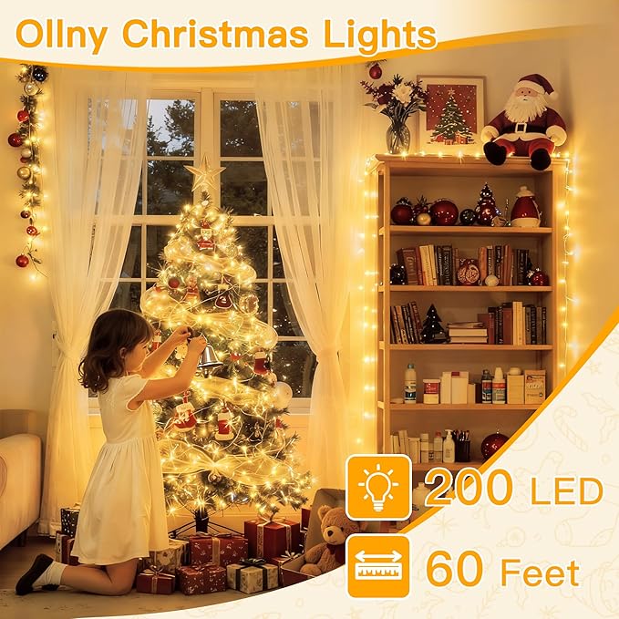 Ollny Christmas Lights 200LED 60FT Indoor, Warm White Connectable Plug in String Light Outdoor, 8 Modes Waterproof Timer LED Fairy Lights for House Outside Bedroom Patio Balcony