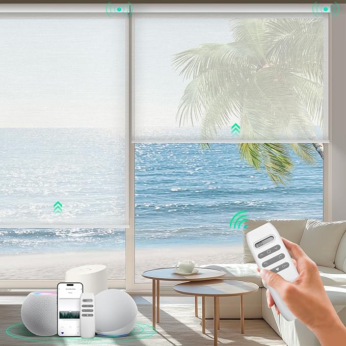 HeyBlinds Motorized Roller Shades, Smart Blinds for Windows, Remote Automatic Window Shades, Electric Shades, Light Filtering, Compatible with Alexa Google Apple Home (Mist-White LF)