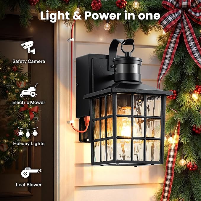 Gleamz Motion Sensor Outdoor Wall Lights with GFCI Outlet, Modern Black Exterior Lighting Fixtures Wall Mount Sconce for House Garage, Anti-Rust Dusk to Dawn Front Porch Light with Water-Ripple Glass