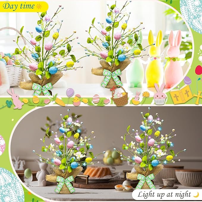 Lighted Easter Decorations 20'' Egg Tree for Tabletop Decor, Timer Egg Tree Ornaments, Easter Artificial Tree for Centerpiece Table Indoor Outdoor Spring Home Decorations