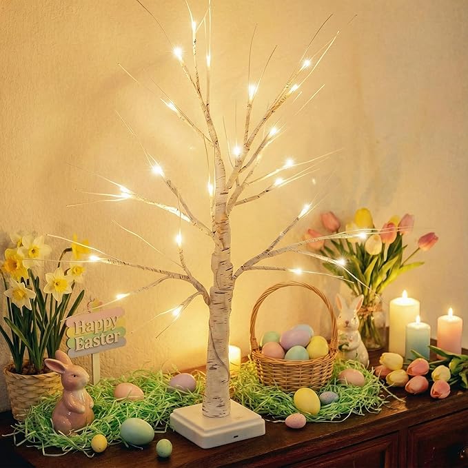 Woohaha Birch Tree Easter Decorations Indoor for Home,2ft 24LED Warm White Light Up Birch Tree，Battery&USB Tabletop Timer Artificial Mini Christmas Tree with Lights for Holiday Party Wedding