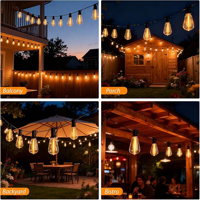 Outdoor String Lights, LED Outdoor Patio Lights Waterproof 50FT with 25+2 Shatterproof ST38 LED Bulbs, 2700K Outside Hanging Light for Backyard, Porch, Deck, Garden, Home Decor