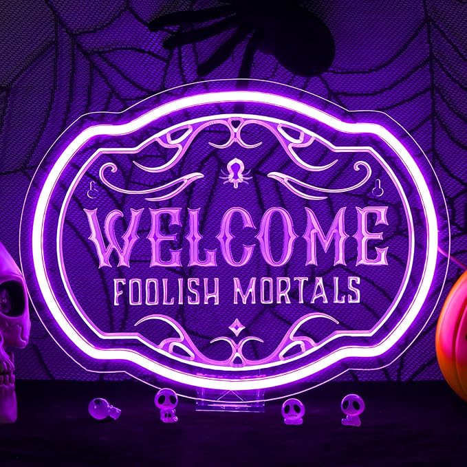 Horseneon Welcome Foolish Mortals Christmas Neon Sign Haunted Mansion LED Wall Decor for Door Mab Cave Light Horror Movie Parties & Themed Bars Spooky Effect Christmas Gifts