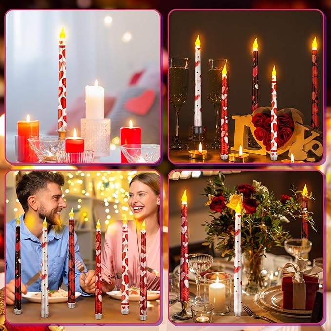 6 Pcs Valentines Day LED Flameless Candle Set Valentine Day Flameless Taper Candles with Heart Battery Operated Seasonal Celebration with Remote for Wedding Romantic Night