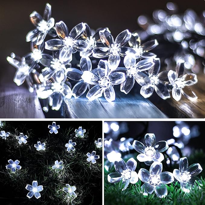Solar String Lights for Outside，50 LED Solar Flower Lights Outdoor Waterproof ，Solar Powered Outdoor Decorative String Light for Yard, Lawn, Fence, Flower Garden, Christmas Tree (Cold White