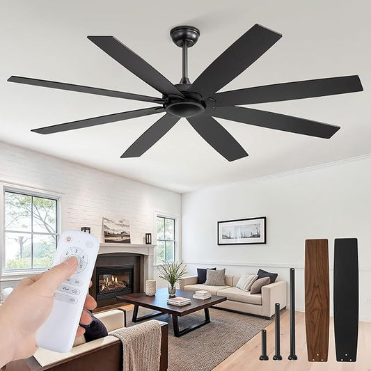 Fanbulous 65 inch Indoor/Outdoor Ceiling Fan No Light，Quiet DC Motor Fan Reversible 6-Speeds, 8 Blades Ceiling Fans with remote for Bedroom Low Profile Ceiling Fan for Living Room for Patio(Black)