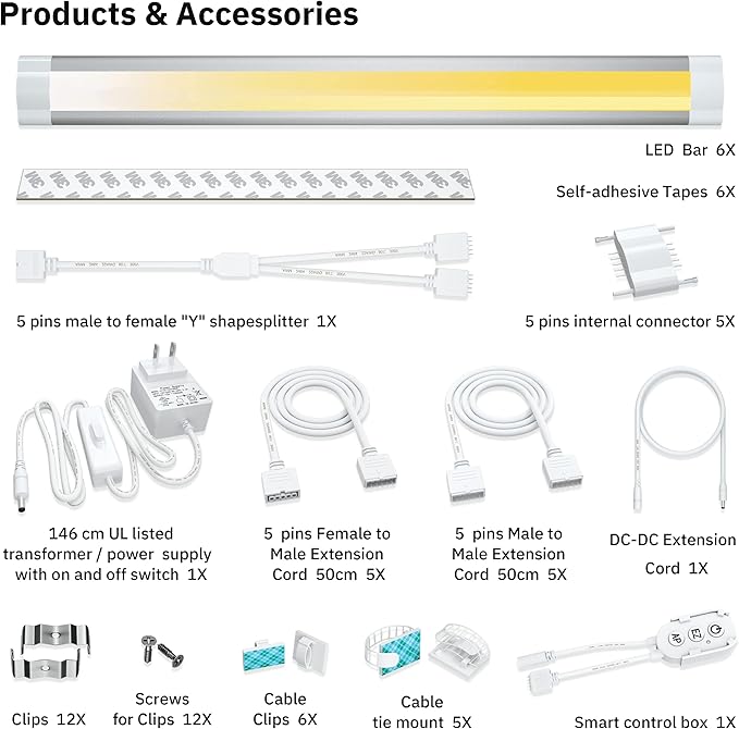 Smart Cabinet Lights Under Counter LED Lighting Dimmable Strip Lights, Warm, Daylight, Cool White Adjustable Light Bar,Compatible with Alexa,Google Assistant,Phone App,for Kitchen Cupboard,Shelf,6pcs