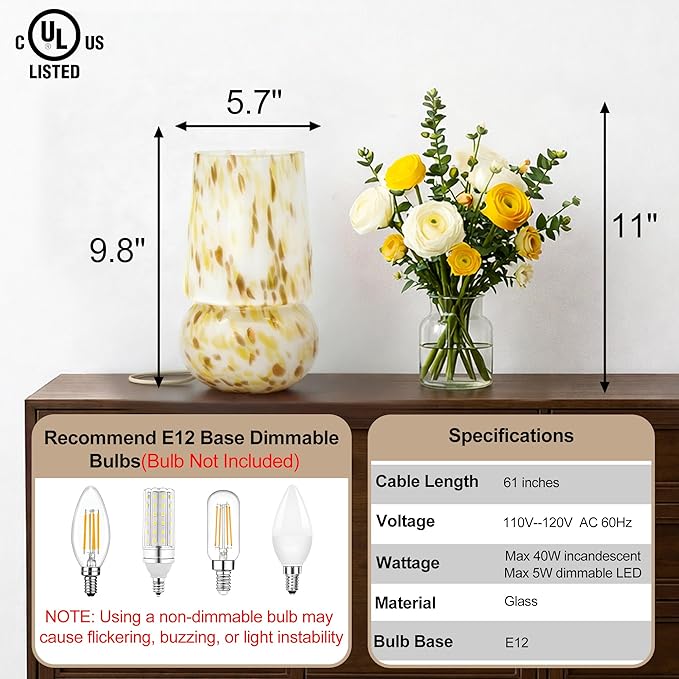 9.8 Inch Mushroom Table Lamp, UL Listed Dimmable Small Desk & Bedside Lamp with Woven Beige Cord, Handcrafted Pattern, Murano Home Decor for Bedroom, Living Room, Entryway (Cream Gold)