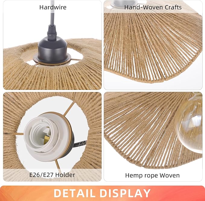 Arturesthome 25.5" Boho Twine Pendant Lamp Shade,Large Woven Hanging Lighting for Living Room Bedroom Adjustable Modern Chandelier for Kitchen Hallway