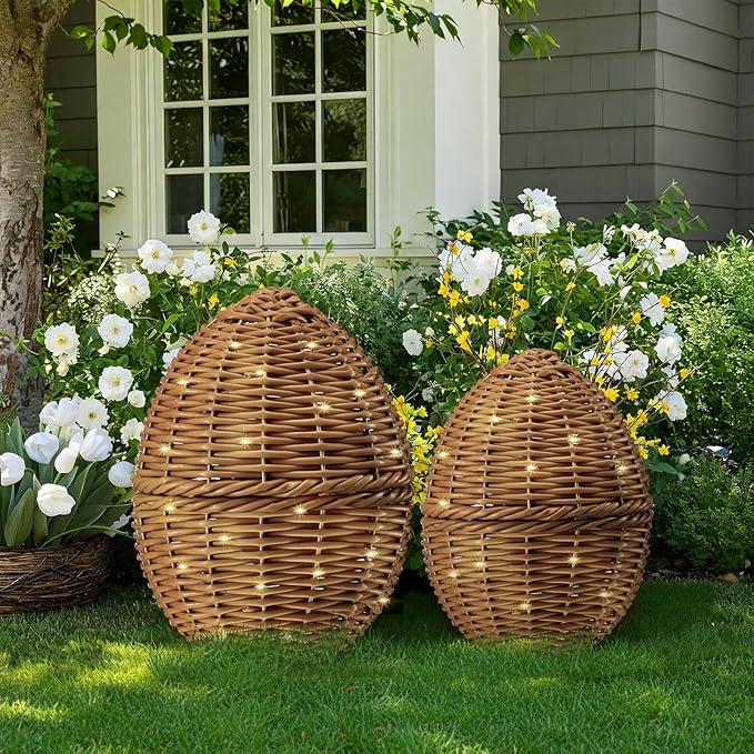 Soulchen 2 Pcs Large Rattan Easter Egg Decorations, 9.8" & 8.7" Spring Farmhouse Wicker Easter Eggs with LED Lights Decor for Table Centerpiece Mantle Outdoor Porch Garden Patio,