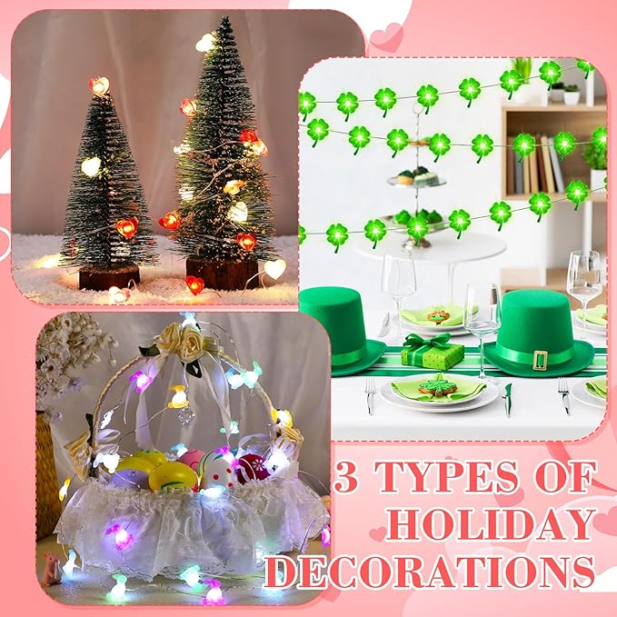 Capoda 3 Pcs Easter St. Patrick's Day String Lights Tricolor Heart Decoration Five Colors Bunny Green Lucky Four Leaf Clover Lights 30 ft 90 LEDs for Indoor Outdoor Holiday Decor