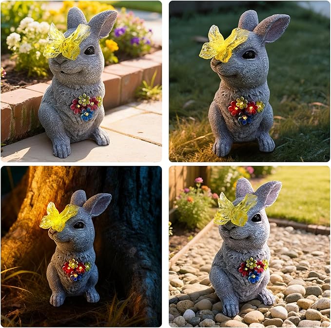 Solar Bunny Garden Statue with Glowing Butterfly - 8.3" Outdoor Garden Decor for Yard, Patio - Resin Rabbit Figurine Lights - Ideal Easter Decorations & Birthday Gifts for Mom, Grandma