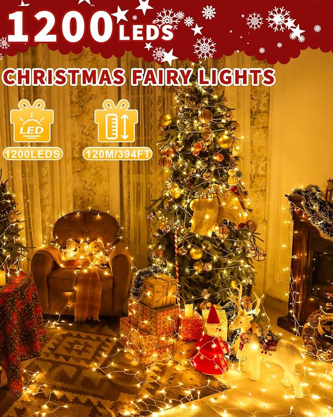 1200 LED 403FT Christmas Lights String Outdoor Indoor, Warm White Xmas Tree Lights, Plug in Twinkle Fairy Light with Remote Timer Dimmable for Room Yard Holiday Party Wedding Camping Decor