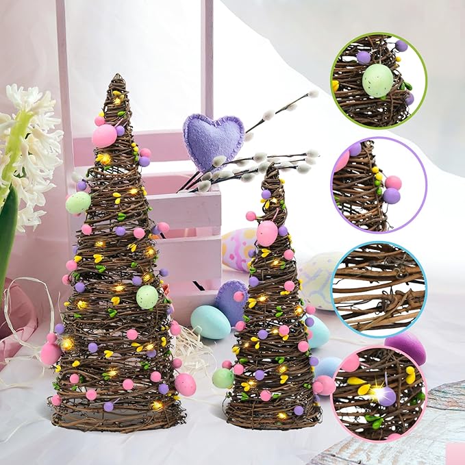 CRCZK 2PACK Easter Rattan Table Tree Decor Lighted Easter Decorations Table Centerpieces Decor Artificial Tree with Led Lights,Eggs&Berries Spring Decorations for Home