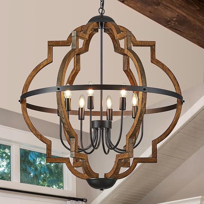 8-Light Farmhouse Wood Pendant Light,31.96'' Vintage Rustic Brown Oak Wood Chandeliers,Retro Industrial Hanging Light Fixtures for Dining Room Entryway, Bedroom