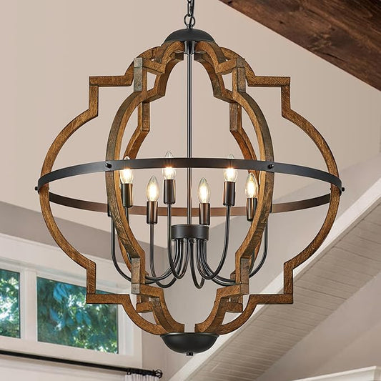 8-Light Farmhouse Wood Pendant Light,31.96'' Vintage Rustic Brown Oak Wood Chandeliers,Retro Industrial Hanging Light Fixtures for Dining Room Entryway, Bedroom