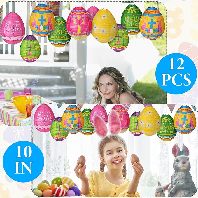 Wenqik 12 Pcs Easter Egg Paper Lanterns Party Decorations 10 Inch Spring Colorful Flower Dot Decorative Ceiling Hanging Lanterns for Home Easter Birthday Party Supplies, 6 Styles(Christian)