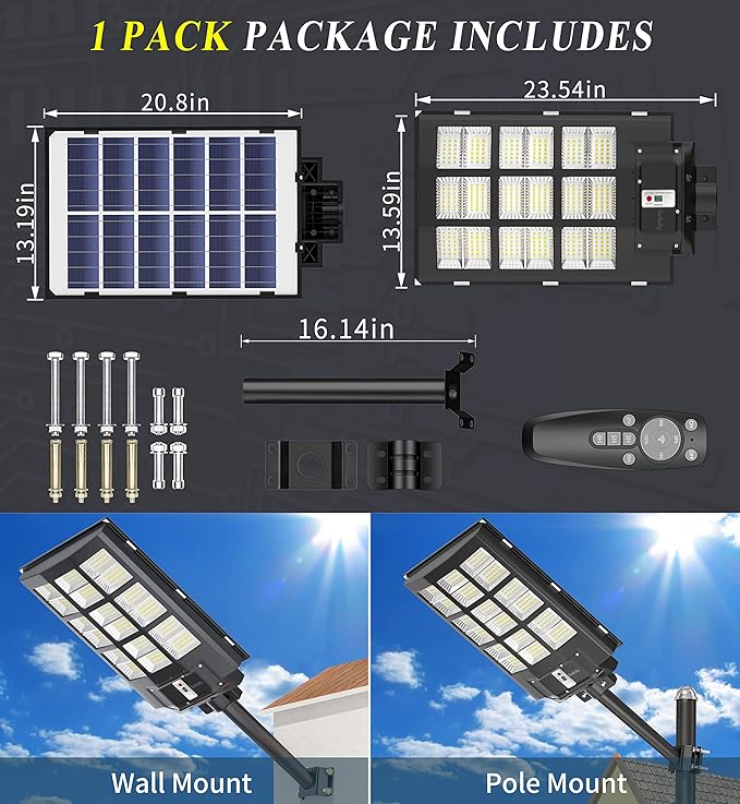 Gefolly SL-3600W Solar Street Lights Outdoor, 360000LM Commercial Parking Lot Light Dusk to Dawn, 6500K Security Flood Motion Sensor Light for Basketball Court, Road, Garden