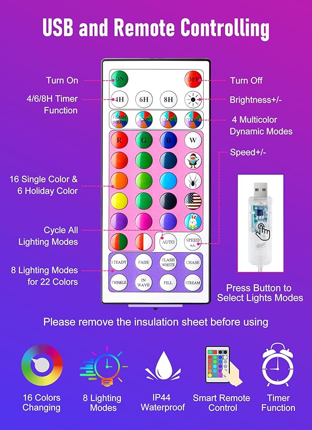 Minetom Fairy Lights Color Changing - 33FT 100 LED String Light with Remote, 16 Single Colors & 6 Holiday Colors,12 Modes, USB Fairy Lights for Bedroom, Easter Light for Indoor Classroom Christmas