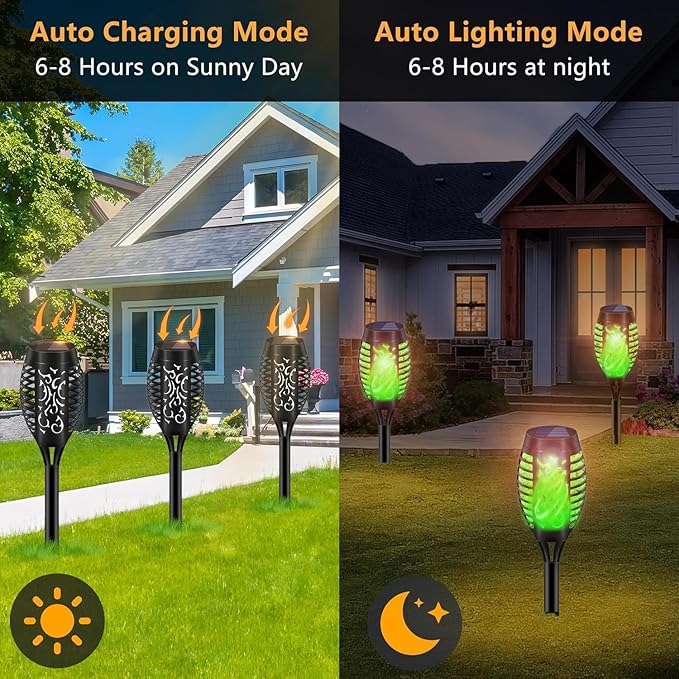 8 Pack Solar-Powered Flashlight Torches for Outdoor use, Dancing and Flickering Flame Torches for Landscape Decoration, Suitable for Paths, lawns, terraces (Green)