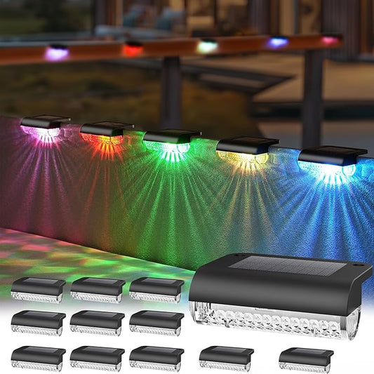 12 Pack Solar Deck Lights Outdoor RGB Led Solar Fence Lights Step Waterproof for Stairs, Step, Fence, Yard, Patio, Balcony and Pool (Color Changing)