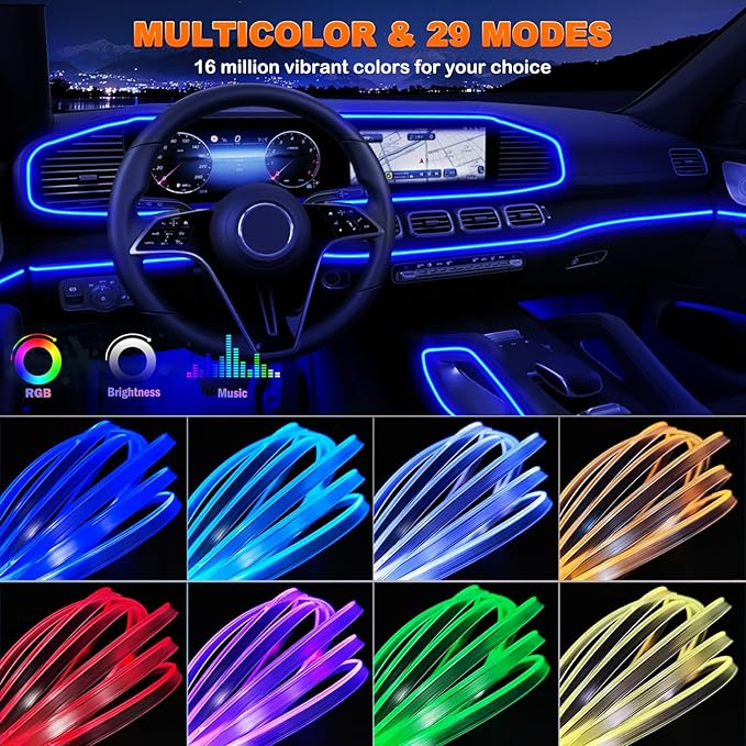 Interior Car LED Strip Lights with Wireless APP and Remote Control, RGB 5 in 1 Ambient Lighting Kits with 236 inches Fiber Optic, 16 Million Colors Car Neon Lights, Sync to Music
