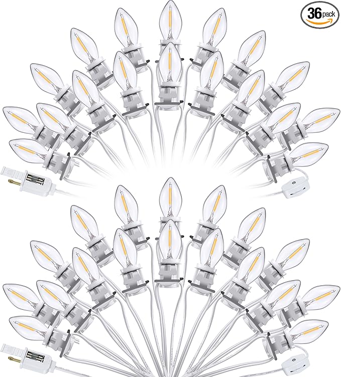 Meonum 2 Pack Accessory Cord with 36 LED Light Bulb C7 Cord Clip Christmas Village Lights with Double Spare Fuse Blow Mold String Lights Decoration for Xmas Village House Pumpkin Crafts