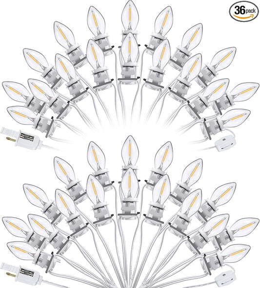 Meonum 2 Pack Accessory Cord with 36 LED Light Bulb C7 Cord Clip Christmas Village Lights with Double Spare Fuse Blow Mold String Lights Decoration for Xmas Village House Pumpkin Crafts