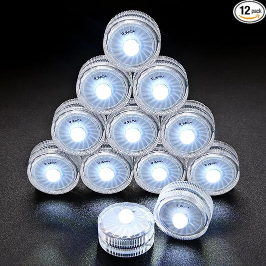 Submersible LED Lights, White Waterproof Flameless Candle Tealights, Battery Operated Underwater Pool Lights for Vases Lantern Table Centerpieces Wedding Party Halloween Christmas Decor,12 Pack