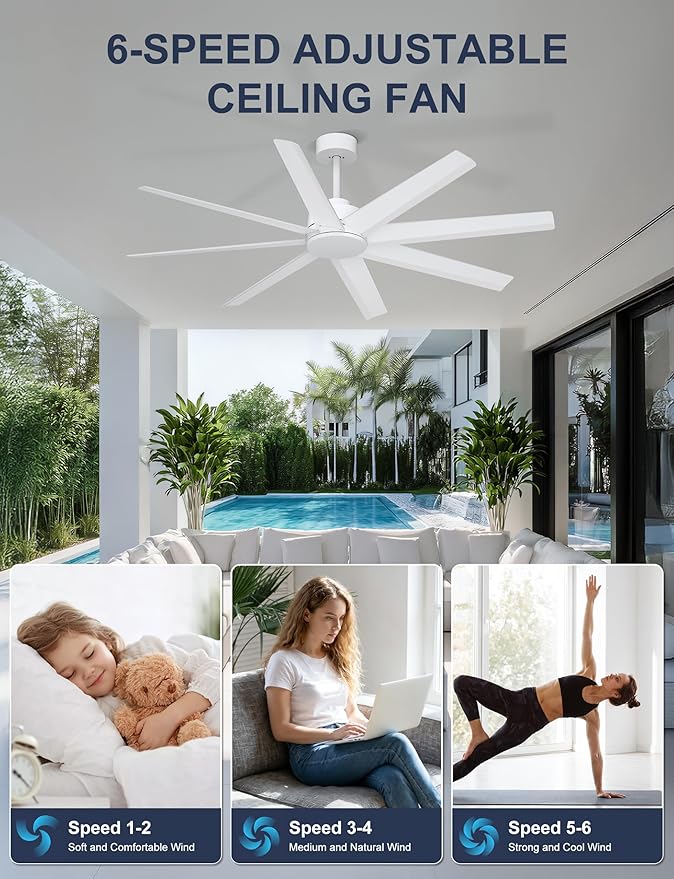 Ohniyou 60'' Ceiling Fan With No Light - Modern White 8 Blades Ceiling Fan Remote/APP Control, DC Motor Outdoor Fan for Covered Patio, Living Room, Shop, Garage