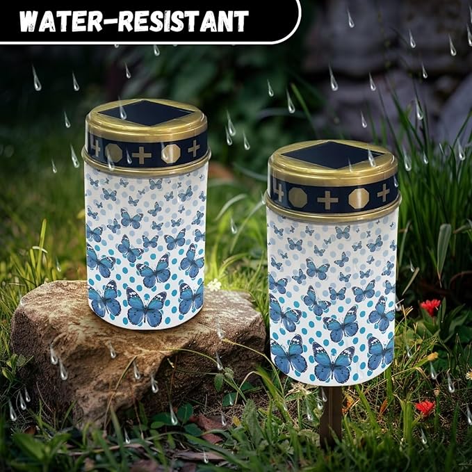 Cemetery Solar Lights Waterproof Solar Powered Grave Lights Blue Butterfly Landscape LED Flameless Candle Grave Decor Memorial Gift Garden Decor