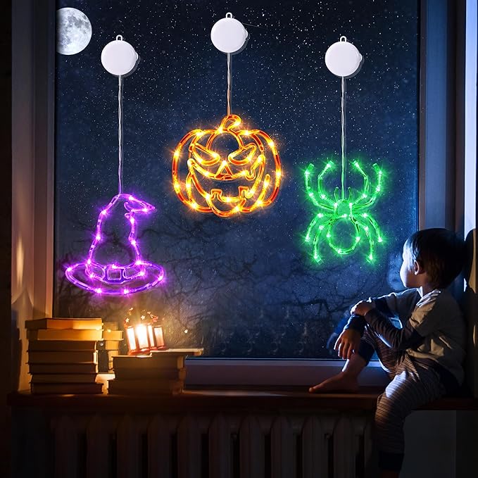 Joomer Halloween Battery Operated Window Lights, Orange Pumpkins, Purple Hats and Green Spider, Halloween Lights Decorations with Suction Cup and Timer Functions (Batteries not Included)