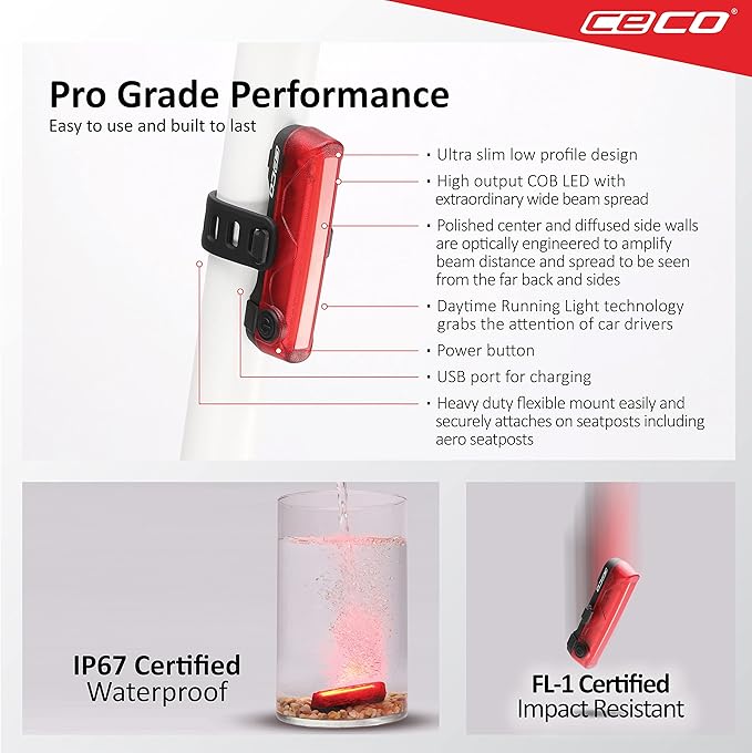 CECO-USA: 60 Lumen USB Rechargeable Bike Tail Light - Super Wide & Bright Model TC60 Bicycle Rear Light - IP67 Waterproof, FL-1 Impact Resistant - COB LED Red Safety Light - Pro Grade Bike Tail Light