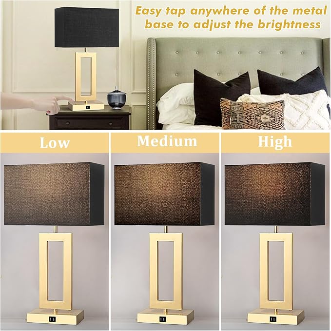 Black Table Lamps Set of 2 with Dual USB Ports,3-Way Dimmable Touch Control Bedside Lamps,22inch Tall Modern Bedroom Table Lamp for Living Room,Nightstand LED Bulbs Included