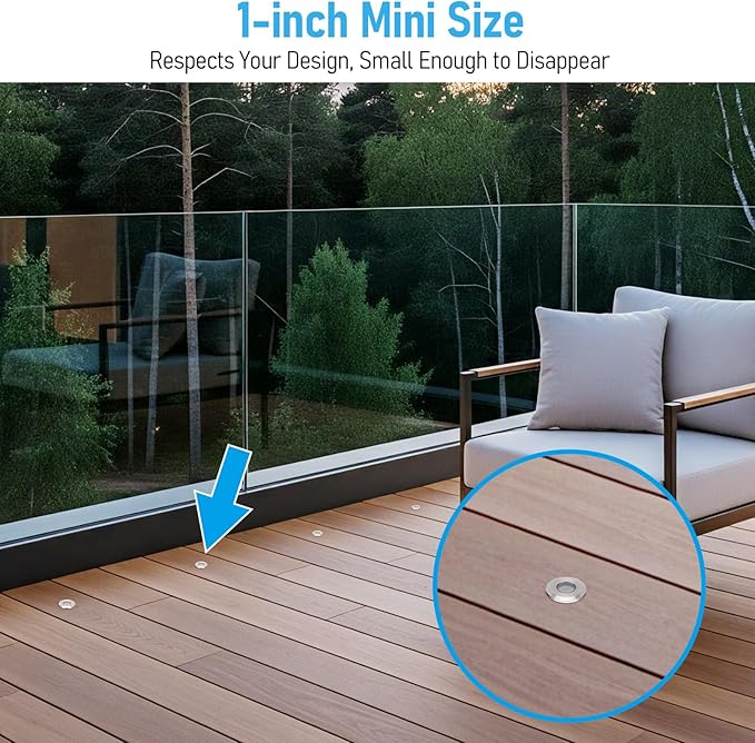 LEONLITE 12-Pack Recessed Low Voltage LED Deck Light with Flat Round Aperture, 1-Inch 12-24V AC/DC Landscape Step Stair Light, CRI90 IP67 Waterproof, Stainless Steel Housing, 3000K Warm White, Silver