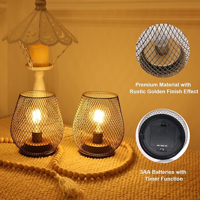 NEEDOMO Set of 6 Battery Operated Lamp Outdoor Table Lantern, LED Metal Cage with Timer Mode, Vintage Decorative Lights Cordless Lamp Indoor Outdoor Patio Bedroom Living Room (Golden)