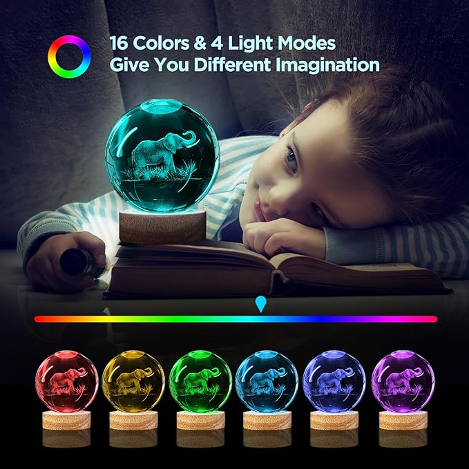 3D Elephant Crystal Ball Night Light Elephant Gifts for Women 3.15 in Figurine Glass Ball Lamp with 16 Color, Home Room Decor Birthday Christmas Gifts for Boy Girl (Upgraded)
