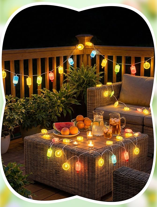 8.5Ft LED Popsicle and Lemon String Lights, Hawaiian Beach Decorations Lights with 10 Multicolor Popsicle and Yellow Lemon Bulbs, Summer Tropical Themed Fairy Lights for Home Party Holiday Camping