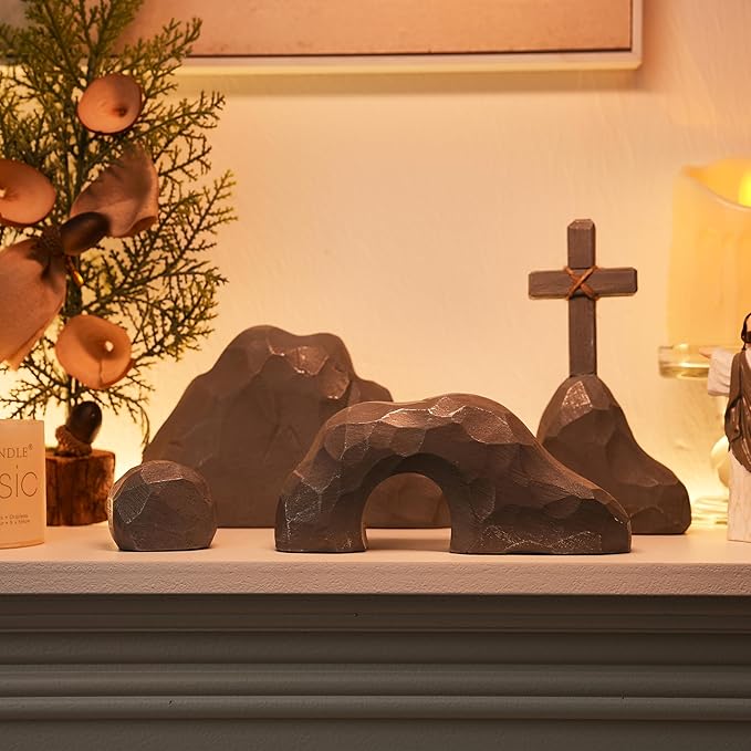 Empty Tomb Easter Decor with Cross, Easter Empty Tomb Resurrection Scene for Christian Decoration, Realistic Rock Resin Sculpture for Religious Display, Home Office Tabletop Tray, Church, Shelf Decor