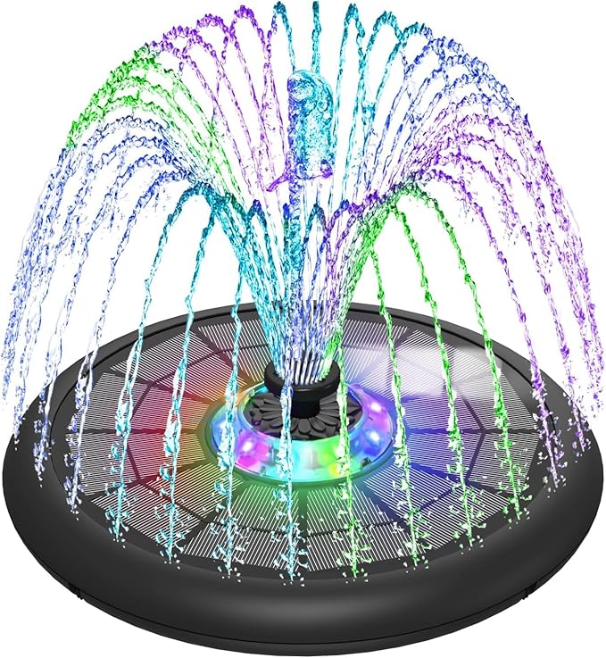 SZMP Solar Fountain Upgraded UFO Colorful Lights, 5W Solar Water Fountain Pump with 7 Nozzles & 4 Fixers, for Bird Bath, Garden, Pool, Outdoor Decor (Multicolor)