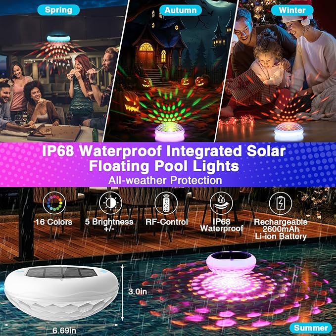 Solar Floating Pool Lights(2 PCS), USB Rechargeable Pool Lights with Remote, 6.7" 2600mAh IP68 Waterproof Floating Light 6 Dynamic Modes Upper and Lower Glow Hangable Light for Pond Patio Party