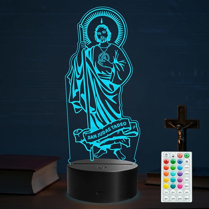 San Judas Tadeo Night Light, Judas Tadeo Decor, 3D Illusion Lamp with Remote Control, 16 RGB Colors, 4 Flashing Modes, Timer, Kids Room Decor