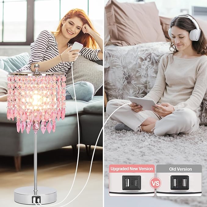 Boncoo Pink Crystal Lamps, Touch Control Crystal Table Lamp with Dual USB Charging Ports, 3 Way Dimmable Bedside Lamp Decorative Nightstand Lamp for Girls Bedroom, Living Room, B11 LED Bulb Included