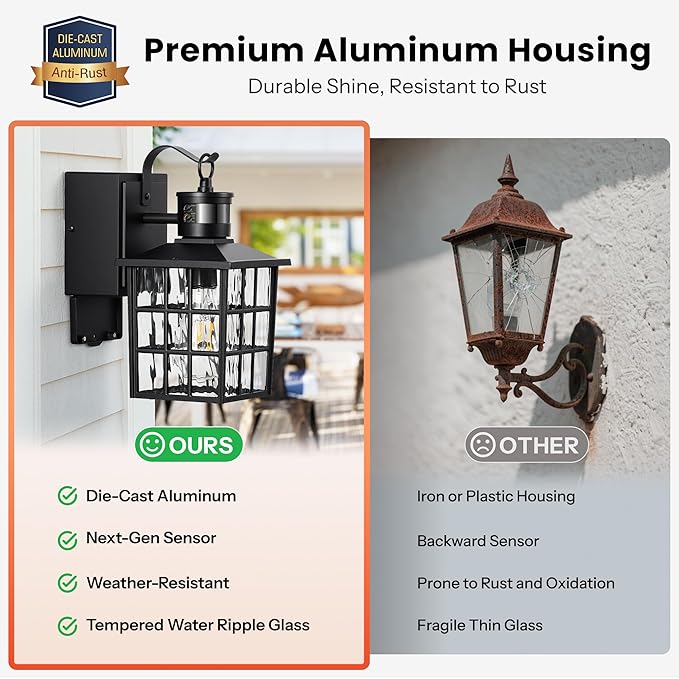 Gleamz Motion Sensor Outdoor Wall Lights with GFCI Outlet, Modern Black Exterior Lighting Fixtures Wall Mount Sconce for House Garage, Anti-Rust Dusk to Dawn Front Porch Light with Water-Ripple Glass