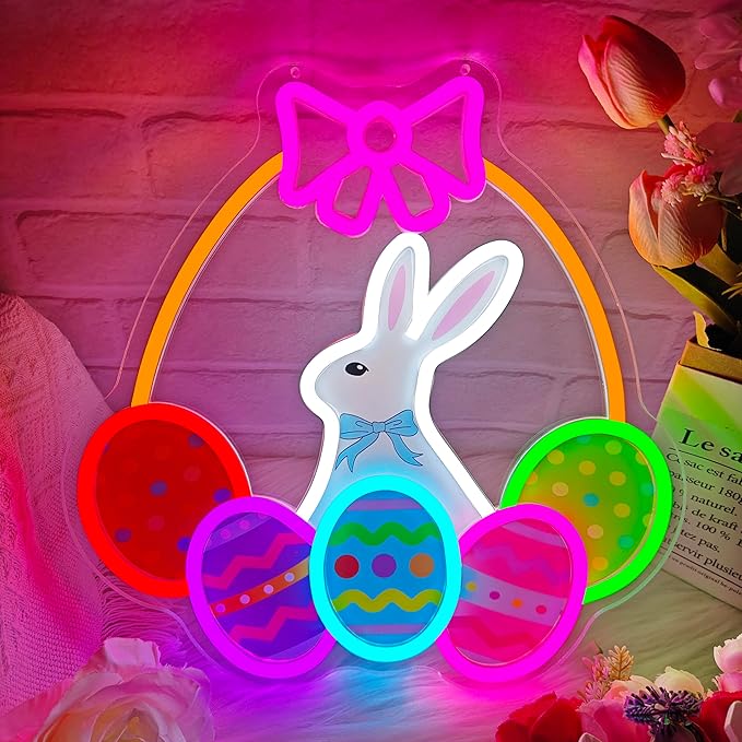 Easter Bunny Neon Sign Dimmable Happy Easter Neon Sign for Wall Decor Led Egg Basket Light Up Sign Bunny Hanging Decoration for Window