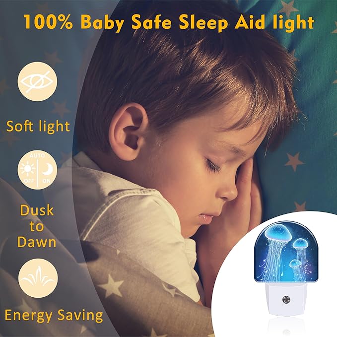 Magic Glowing Jellyfish Night Light, Undersea World Marine Life Dusk to Dawn Night Light Plug in,0.5w Energy Saving Sleep Friendly NightLight for Kids Boys Girls Home Decor