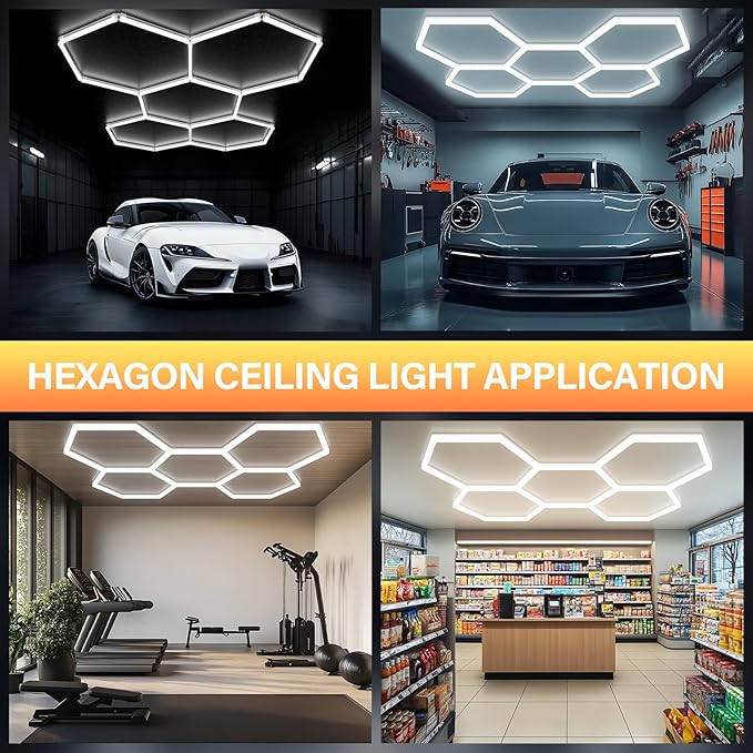 ALLYES Hexagon LED Garage Lights, 24000LM 5000K 200W Honeycomb LED Ceiling, Upgraded Wider Size Light Tube, Hex Shop Lights for Car Detailing Shop Office Gym Barber